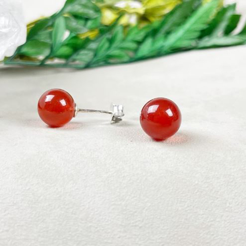 Earrings Carnelian Gemstone 8mm Round Shape 925 Sterling Silver Stud