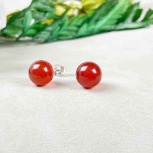 Earrings Carnelian Gemstone 8mm Round Shape 925 Sterling Silver Stud
