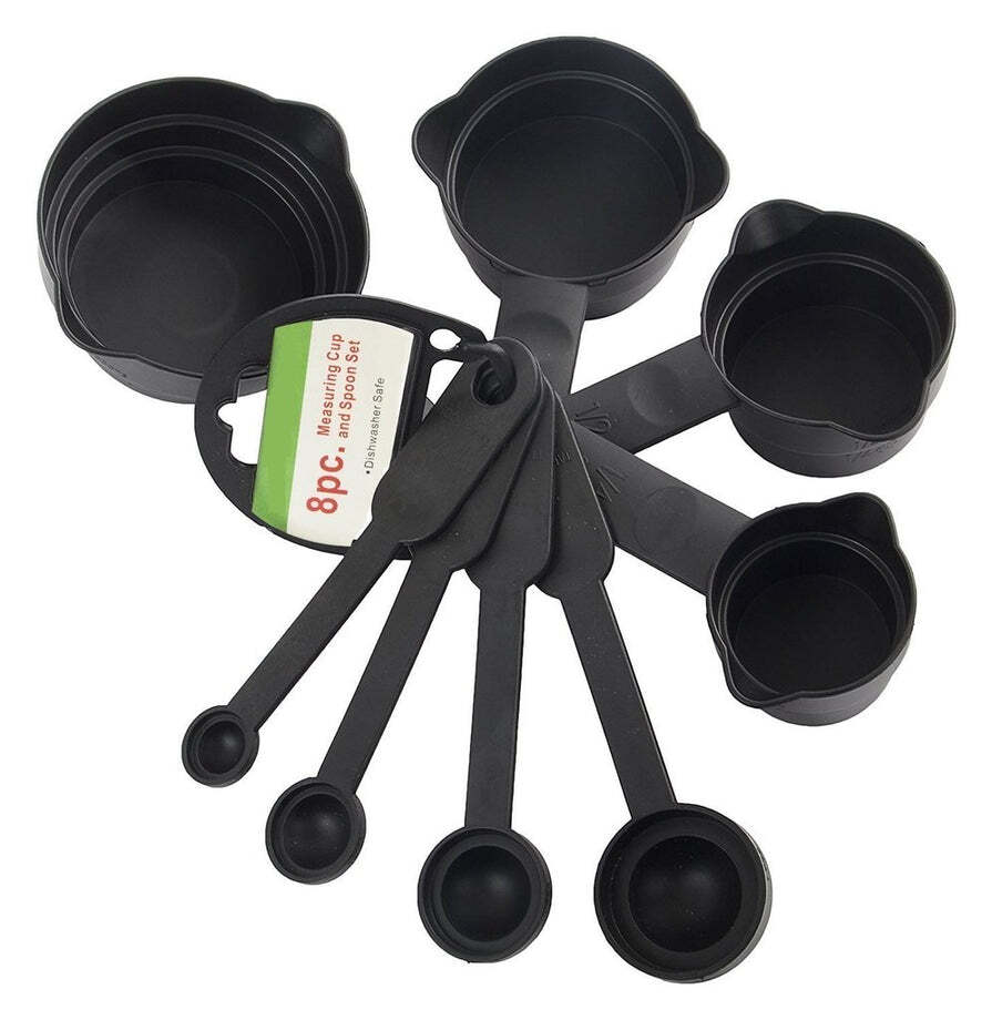 Plastic Measuring Cups And Spoons Set With Box (8 Pcs) (2190) - Plastic Material, 11x10x8 Cm, Black Color | Versatile Measuring Tools For Cooking And Baking