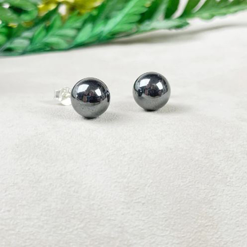 Earrings Hematite Gemstone 8mm Round Shape 925 Sterling Silver Stud