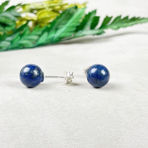 Earrings Lapis Lazuli Gemstone 8mm Round Shape 925 Sterling Silver Stud