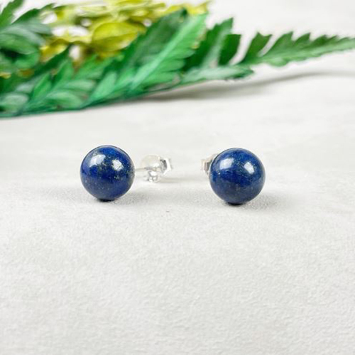 Earrings Lapis Lazuli Gemstone 8mm Round Shape 925 Sterling Silver Stud