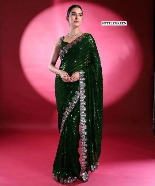 Ladies Sequins Saree - 60 Gram Georgette Fabric, 5mm Embroidery Sequins Work, Heavy Lace Border, Silk Blouse With Dual Side Sequins Design