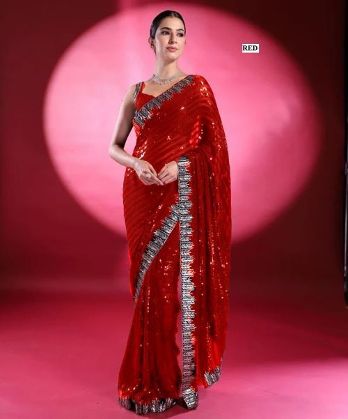 Ladies Sequins Saree - 60 Gram Georgette Fabric, 5mm Embroidery Sequins Work, Heavy Lace Border, Silk Blouse With Dual Side Sequins Design
