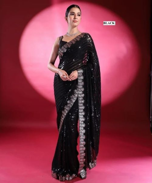 Ladies Sequins Saree - 60 Gram Georgette Fabric, 5mm Embroidery Sequins Work, Heavy Lace Border, Silk Blouse With Dual Side Sequins Design