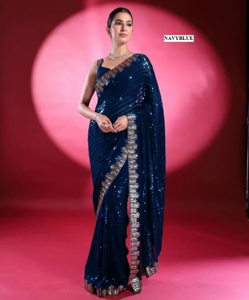 Ladies Sequins Saree - 60 Gram Georgette Fabric, 5mm Embroidery Sequins Work, Heavy Lace Border, Silk Blouse With Dual Side Sequins Design