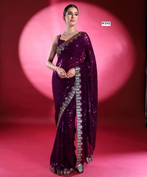 Ladies Sequins Saree - 60 Gram Georgette Fabric, 5mm Embroidery Sequins Work, Heavy Lace Border, Silk Blouse With Dual Side Sequins Design