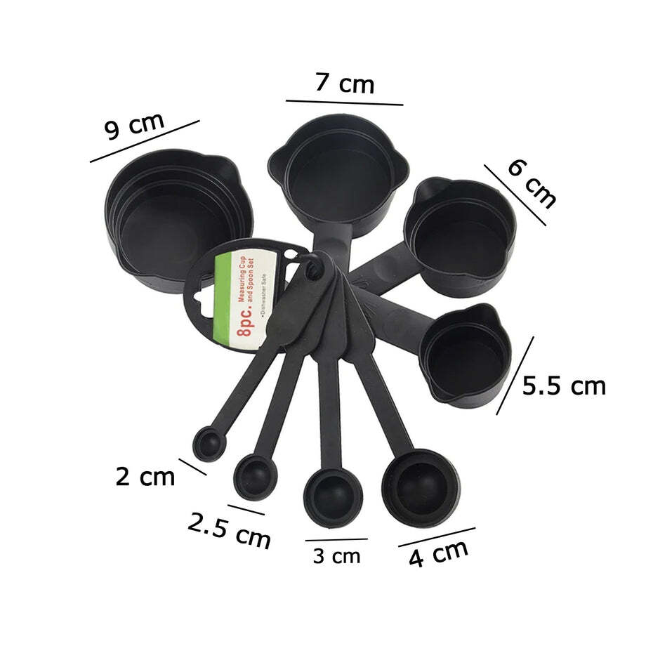 Plastic Measuring Cups And Spoons - Plastic, 16x10.5x9.5 Cm, Black | 8 Pieces For Accurate Measuring, Durable And Lightweight Design