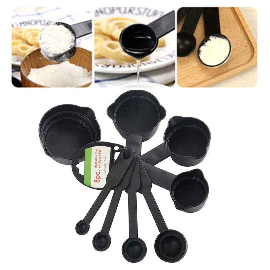 Plastic Measuring Cups And Spoons - Plastic, 16x10.5x9.5 Cm, Black | 8 Pieces For Accurate Measuring, Durable And Lightweight Design