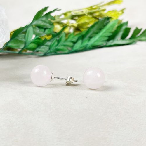 Earrings Rose Quartz Gemstone 8mm Round Shape 925 Sterling Silver Stud
