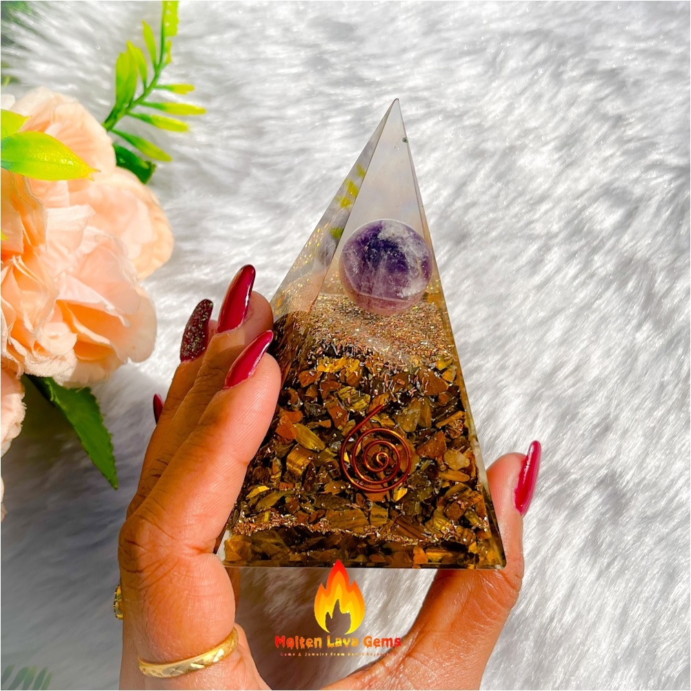 Natural Gemstone Orgone Pyramid - Amethyst & Tiger Eye | 2.5x3 Cm, Eco-friendly, Durable, Chemical Resistant, Light Weight, Healing Meditation Tool