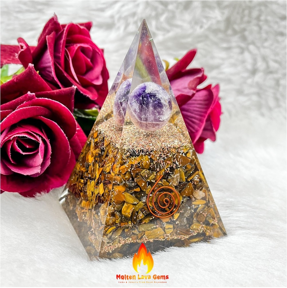 Natural Gemstone Orgone Pyramid - Amethyst & Tiger Eye | 2.5x3 Cm, Eco-friendly, Durable, Chemical Resistant, Light Weight, Healing Meditation Tool