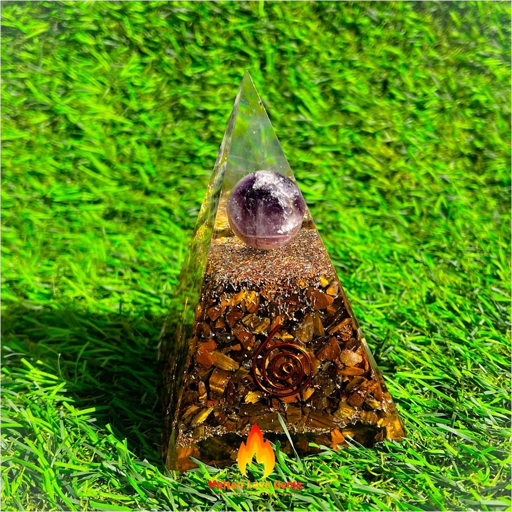 Natural Gemstone Orgone Pyramid - Amethyst & Tiger Eye | 2.5x3 Cm, Eco-friendly, Durable, Chemical Resistant, Light Weight, Healing Meditation Tool