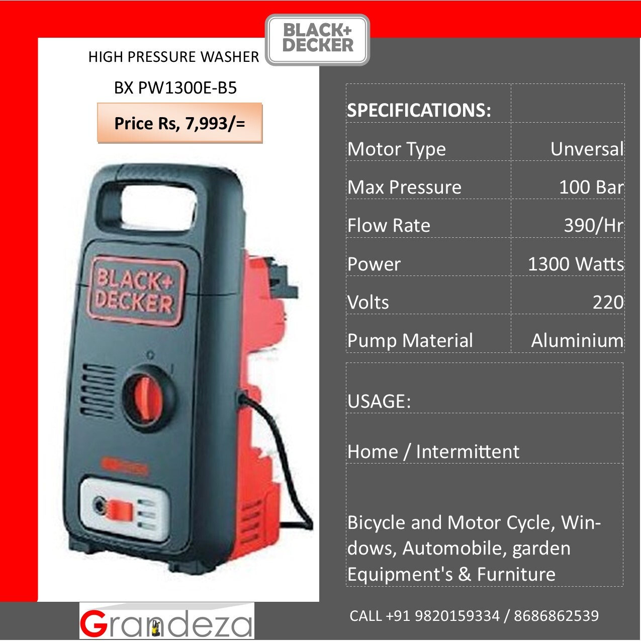 High Pressure Washer - Aluminium, 100 Bar Max Pressure, 390l/hr Flow Rate | Cold Water Cleaning, Electric Fuel Type, Commercial & Domestic Use