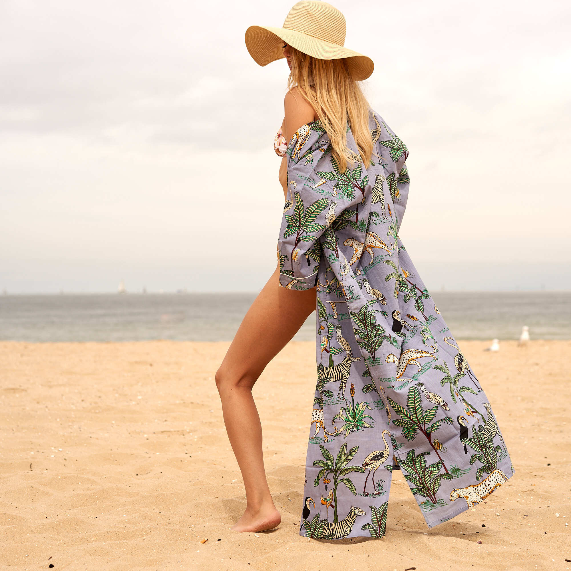 Kimono Printed Bathrobe - 100% Cotton, 48" Length, Grey Color | Breathable, Soft Fabric, Free Size With 3/4 Sleeves, Waist Tie & Pockets