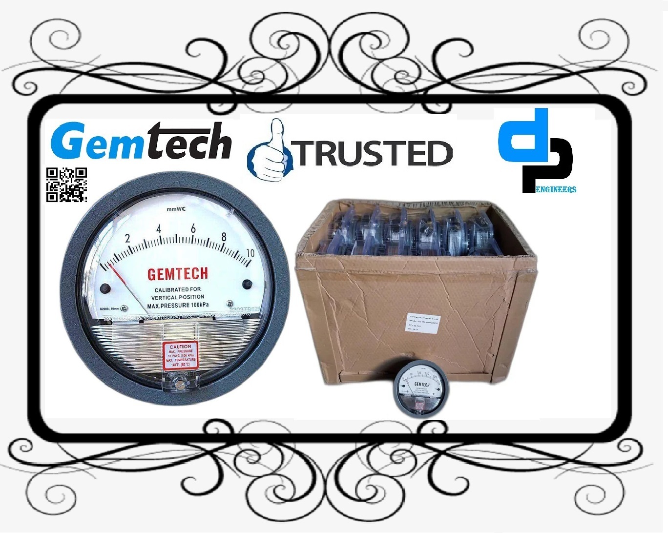 Gemtech Series G2000-250 Mm - Differential Pressure Gauge, 112 Mm Dial Size, Black Plastic Face, Metal Alloy Body | Accuracy ±2% Full Scale, Shock Resistant, Mounting Tabs Included, Ideal For Hvac And Medical Applications