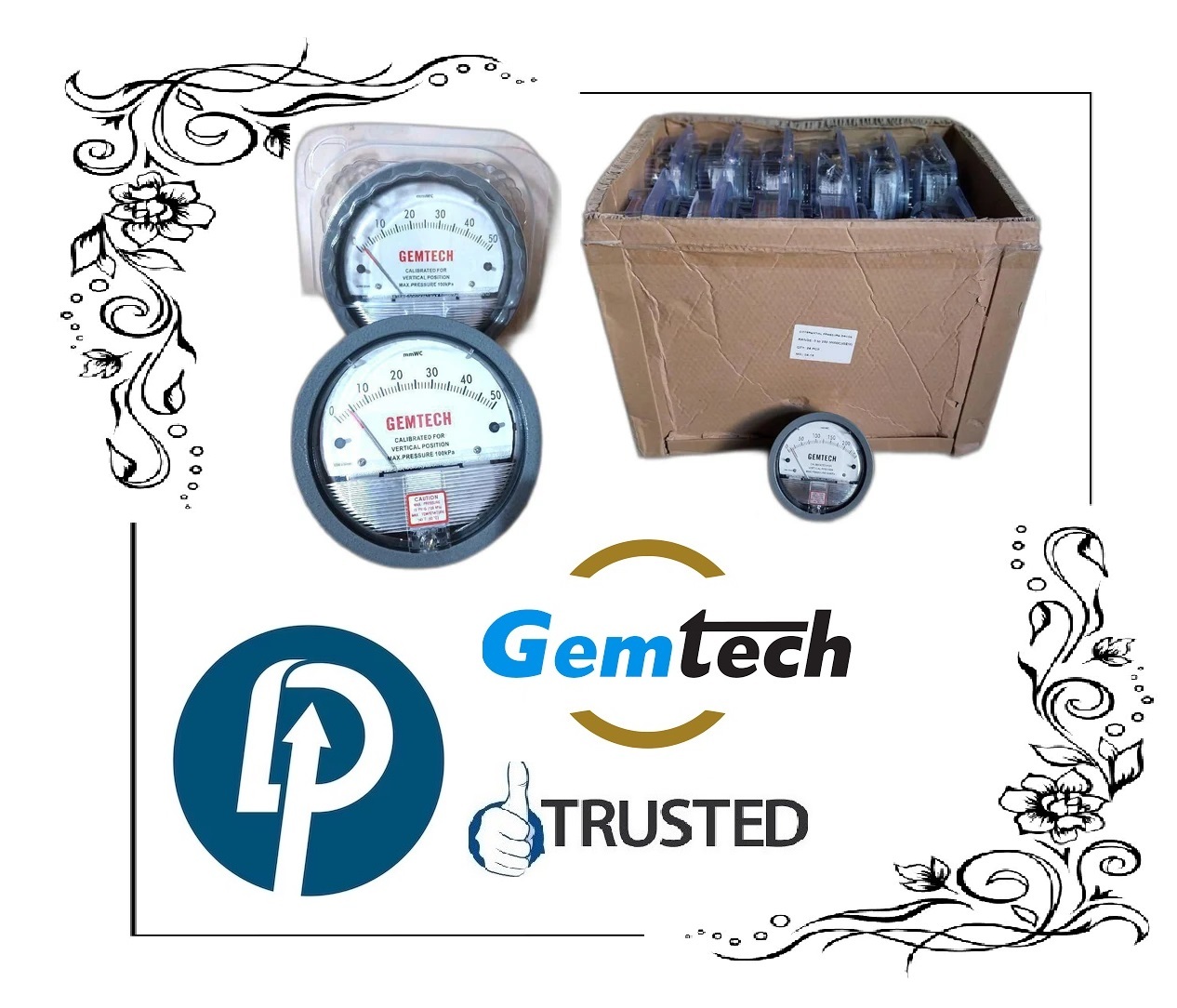 Gemtech Series G2000-250 Mm - Differential Pressure Gauge, 112 Mm Dial Size, Black Plastic Face, Metal Alloy Body | Accuracy ±2% Full Scale, Shock Resistant, Mounting Tabs Included, Ideal For Hvac And Medical Applications