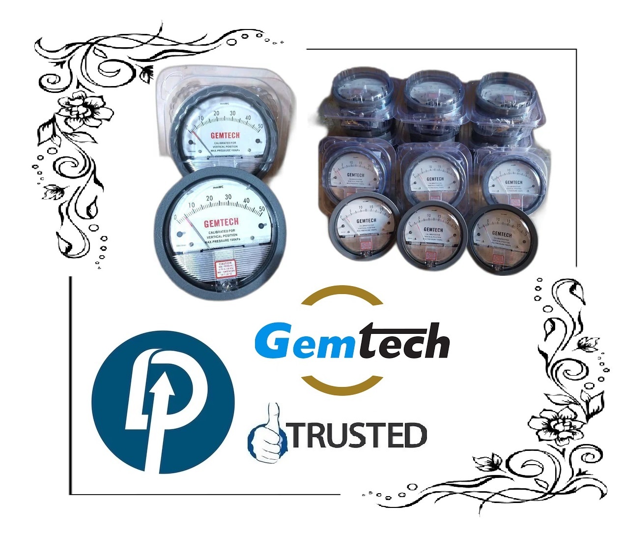 Gemtech Series G2000-250 Mm - Differential Pressure Gauge, 112 Mm Dial Size, Black Plastic Face, Metal Alloy Body | Accuracy ±2% Full Scale, Shock Resistant, Mounting Tabs Included, Ideal For Hvac And Medical Applications