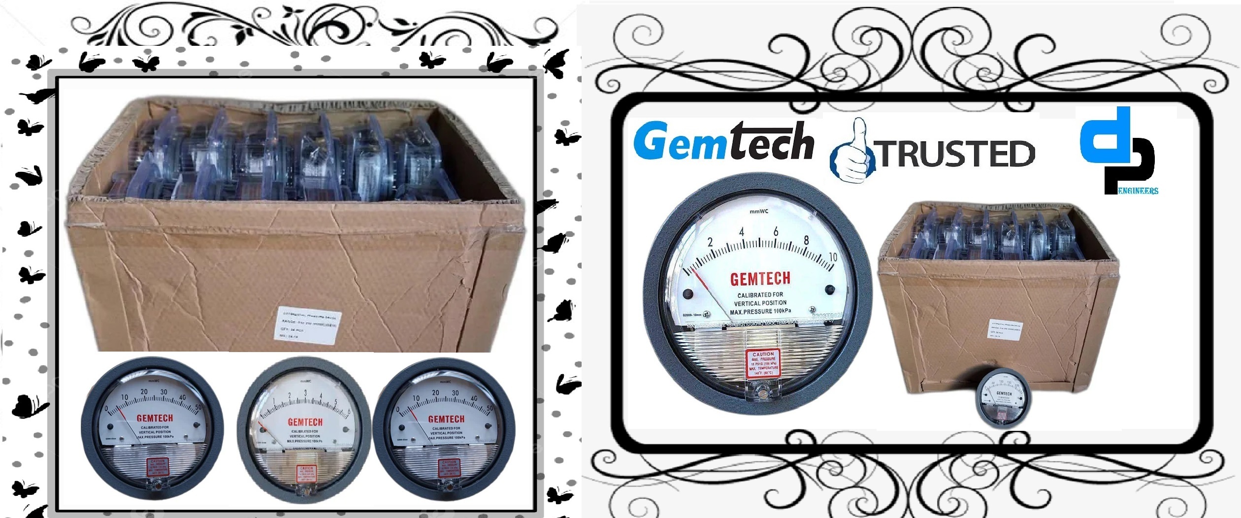 Gemtech Series G2000-250 Mm - Differential Pressure Gauge, 112 Mm Dial Size, Black Plastic Face, Metal Alloy Body | Accuracy ±2% Full Scale, Shock Resistant, Mounting Tabs Included, Ideal For Hvac And Medical Applications