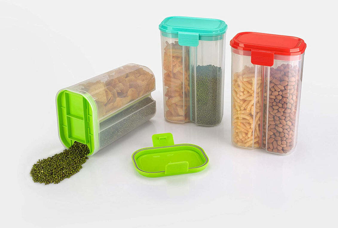 Plastic 2 Sections Air Tight Transparent Food Grain Cereal Storage Container (2 Ltr) (With Box) (2146) Power Consumption: N/a