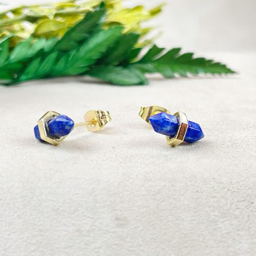 Earrings Lapis Lazuli Gemstone 11x5mm Double Point Sterling Silver Gold Vermeil Stud