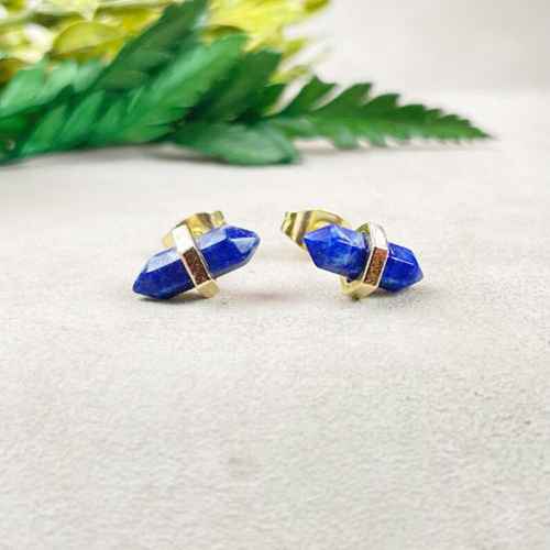 Earrings Lapis Lazuli Gemstone 11x5mm Double Point Sterling Silver Gold Vermeil Stud
