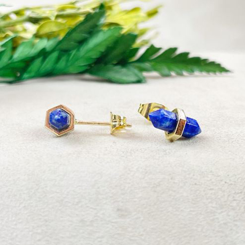 Earrings Lapis Lazuli Gemstone 11x5mm Double Point Sterling Silver Gold Vermeil Stud