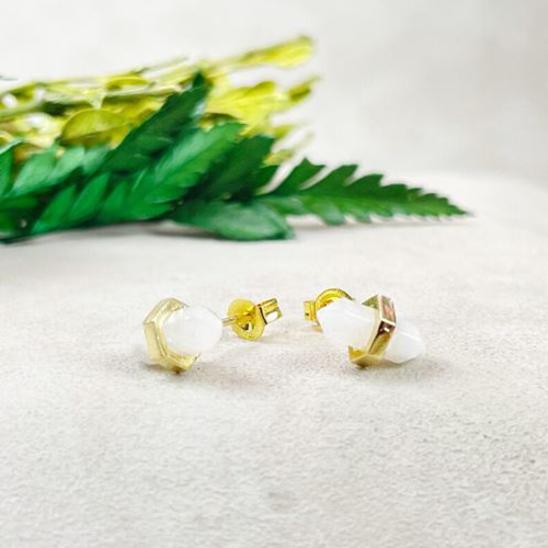 Earrings Rainbow Moonstone Gemstone 11x5mm Double Point Sterling Silver Gold Vermeil Stud