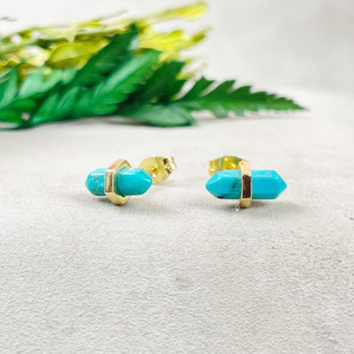 Earrings Turquoise Gemstone 11x5mm Double Point Sterling Silver Gold Vermeil Stud
