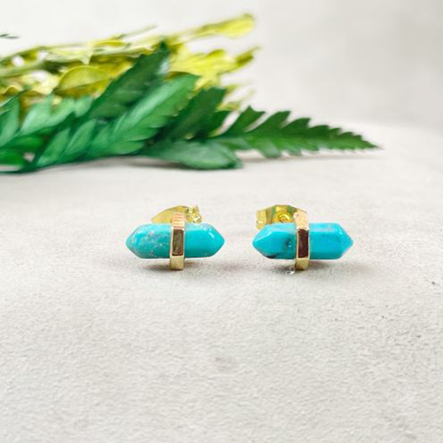 Earrings Turquoise Gemstone 11x5mm Double Point Sterling Silver Gold Vermeil Stud