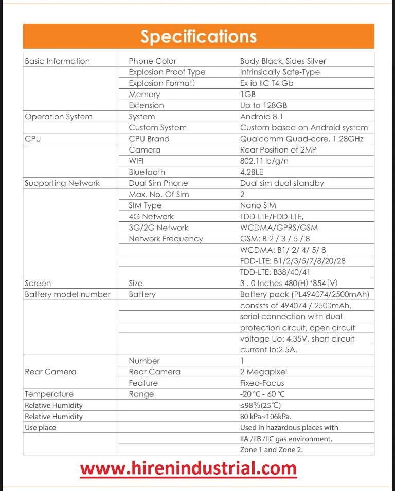 Intrinsically Safe Mobile Warranty: 1 Year