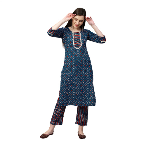 Casual Wear Kurti - Cotton Customized Sizes Blue Shade - Trendy 3-4th Sleeves Summer Suitable Washable Printed Design For Girls