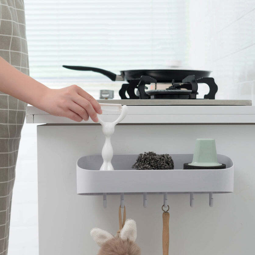 Multipurpose Bathroom Kitchen Shelf Plastic Wall Storage Organizer With 6 Hooks - 31x13x10 Cm, Multi-color, Self-adhesive, No Drill Installation