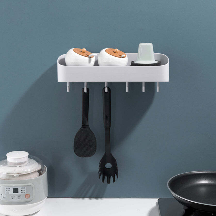 Multipurpose Bathroom Kitchen Shelf Plastic Wall Storage Organizer With 6 Hooks - 31x13x10 Cm, Multi-color, Self-adhesive, No Drill Installation