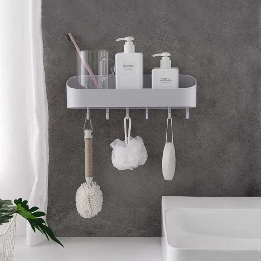 Multipurpose Bathroom Kitchen Shelf Plastic Wall Storage Organizer With 6 Hooks - 31x13x10 Cm, Multi-color, Self-adhesive, No Drill Installation