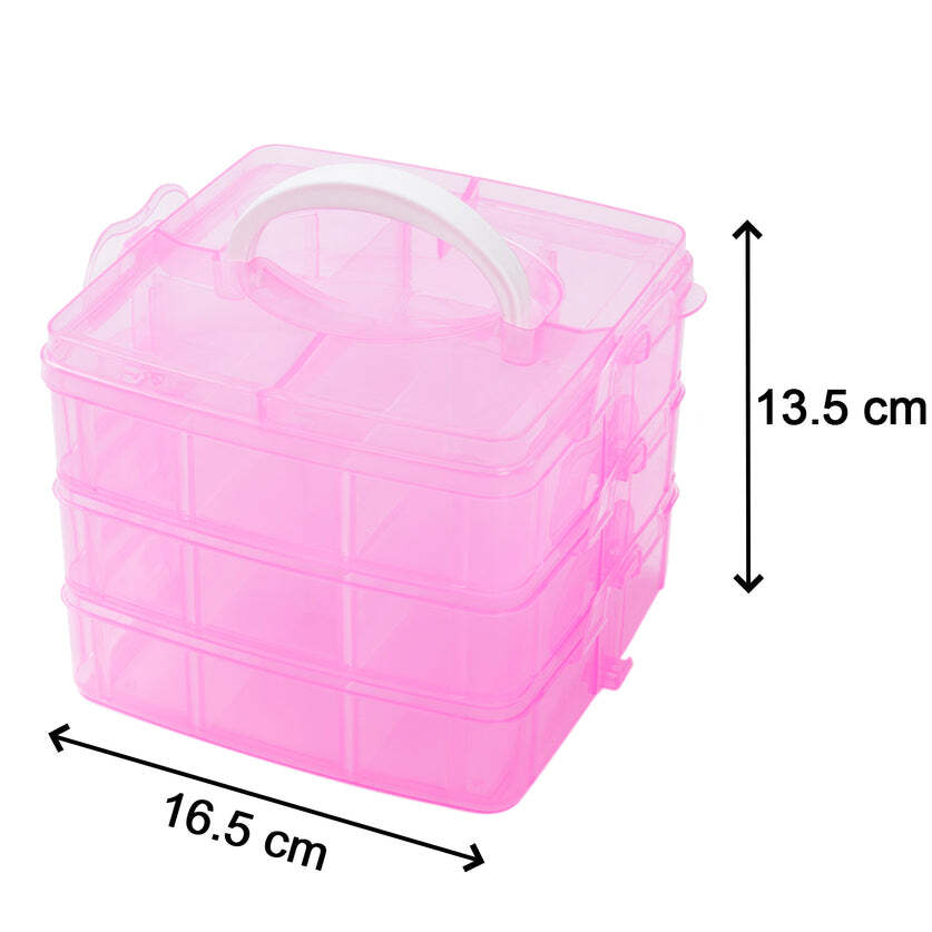 Transparent Plastic Craft Storage Box - 3-tier, 16x16x13 Cm | 18 Sections, Stackable & Adjustable Compartments
