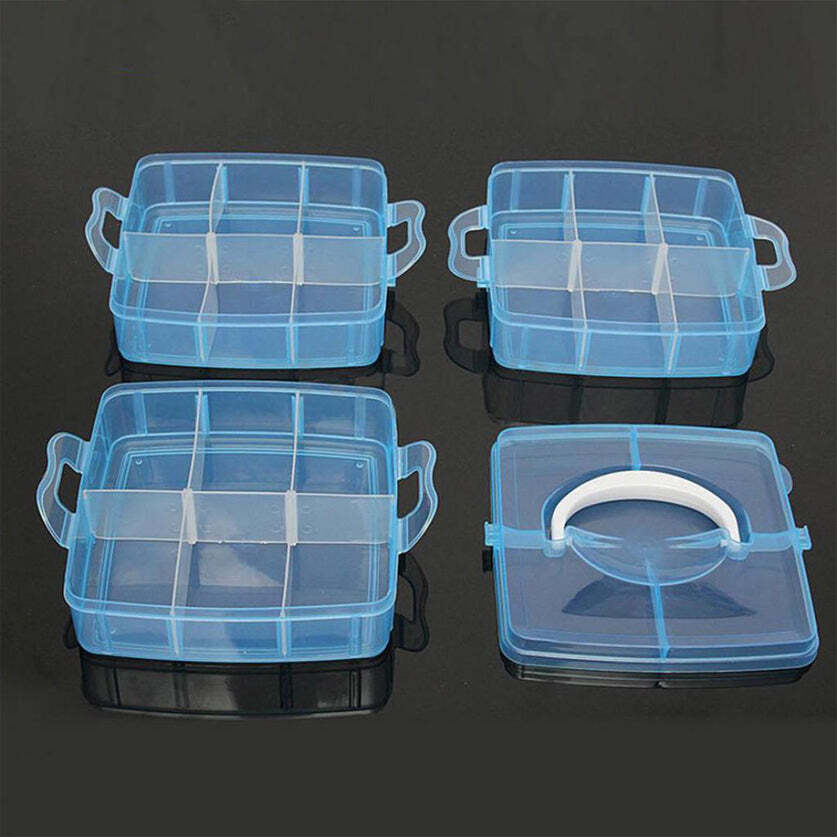 Transparent Plastic Craft Storage Box - 3-tier, 16x16x13 Cm | 18 Sections, Stackable & Adjustable Compartments