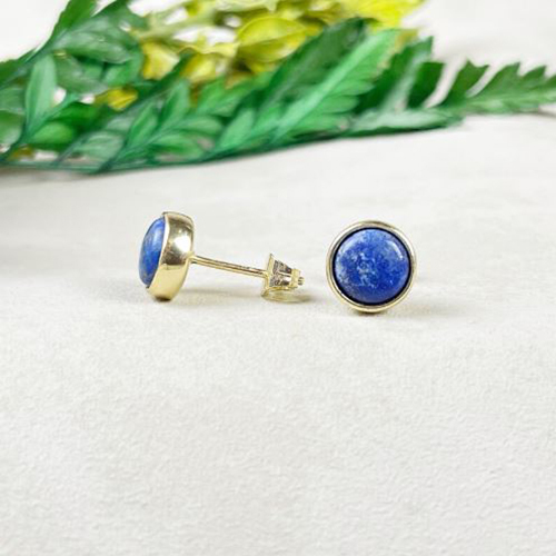 Earrings Lapis Lazuli Gemstone 8mm Round 925 Sterling Silver Gold Vermeil Bezel Set Stud