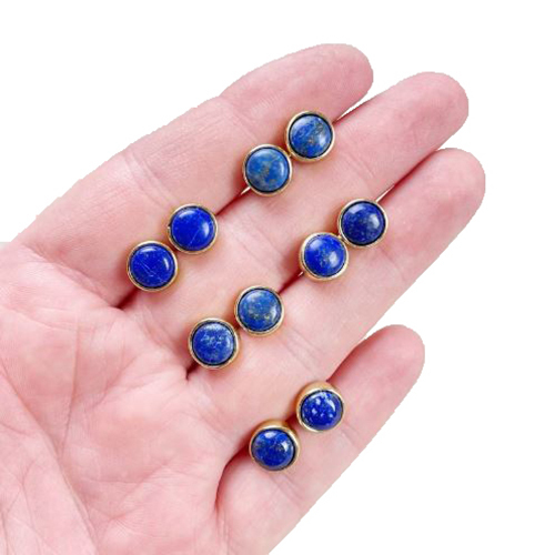Earrings Lapis Lazuli Gemstone 8mm Round 925 Sterling Silver Gold Vermeil Bezel Set Stud