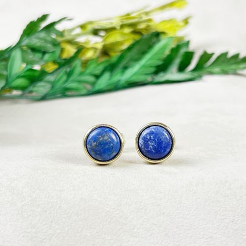 Earrings Lapis Lazuli Gemstone 8mm Round 925 Sterling Silver Gold Vermeil Bezel Set Stud