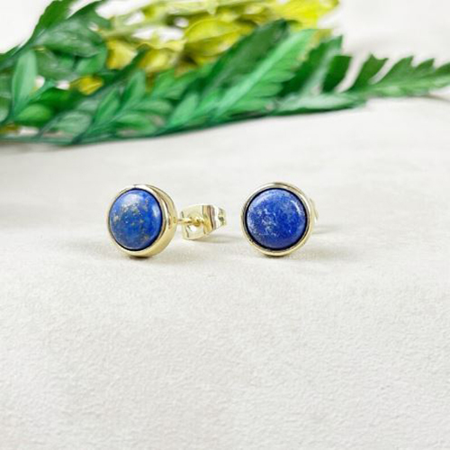 Earrings Lapis Lazuli Gemstone 8mm Round 925 Sterling Silver Gold Vermeil Bezel Set Stud