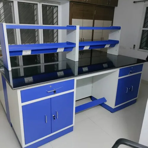 Blue And White Agri Lab Island Table With Reagent Rack