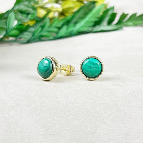 Earrings Malachite Gemstone 8mm Round 925 Sterling Silver Gold Vermeil Bezel Set Stud