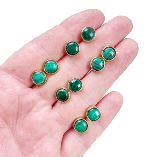 Earrings Malachite Gemstone 8mm Round 925 Sterling Silver Gold Vermeil Bezel Set Stud