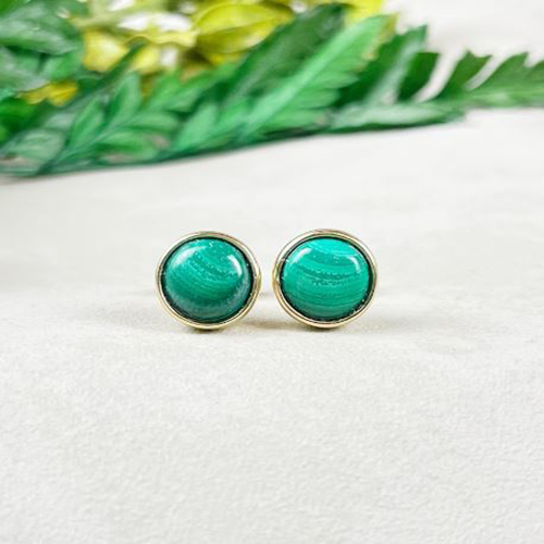 Earrings Malachite Gemstone 8mm Round 925 Sterling Silver Gold Vermeil Bezel Set Stud
