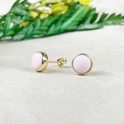 Earrings Pink Opal Gemstone 8mm Round 925 Sterling Silver Gold Vermeil Bezel Set Stud