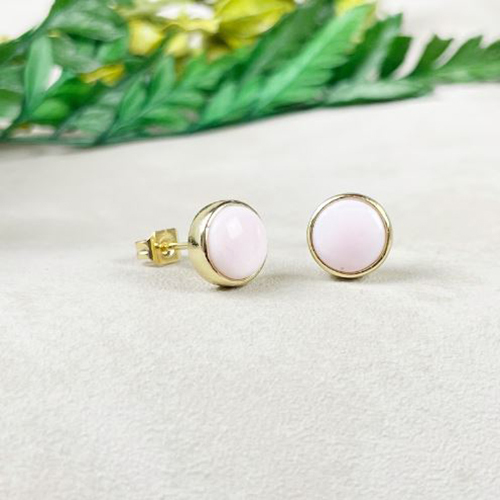 Earrings Pink Opal Gemstone 8mm Round 925 Sterling Silver Gold Vermeil Bezel Set Stud