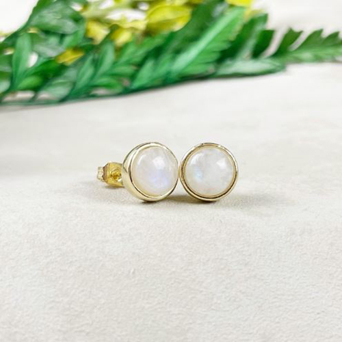 Earrings Rainbow Moonstone 8mm Round 925 Sterling Silver Gold Vermeil Bezel Set Stud