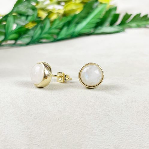 Earrings Rainbow Moonstone 8mm Round 925 Sterling Silver Gold Vermeil Bezel Set Stud
