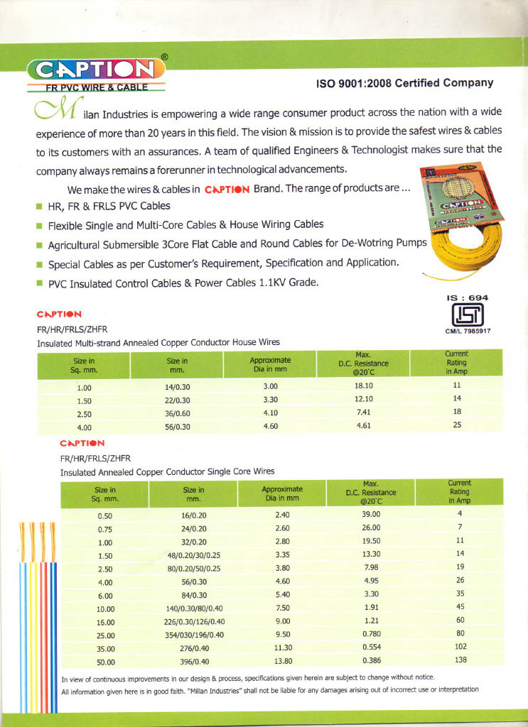 Caption Pvc Electric House Cable - 0.75 - 6 Sqmm Size, Single Core | Solid Assurance, Isi, Iso, Fla & Tac Approved For House Wiring